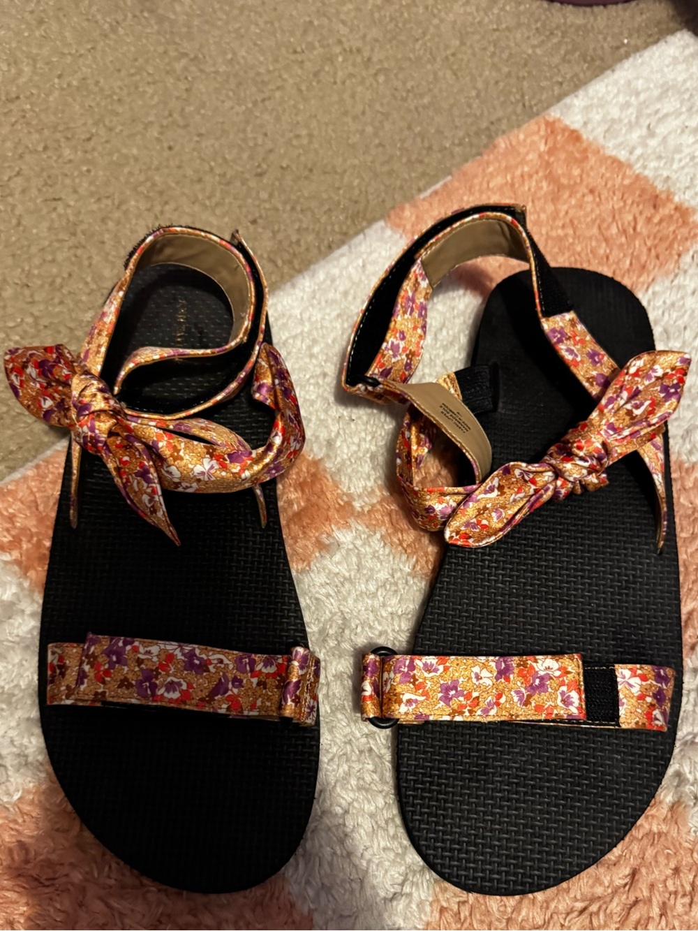 Ann Taylor Black Sandals with Orange Floral Tie-Strap